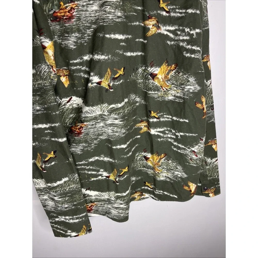 New LL Bean Slim Fit Green Duck Print Flannel Button Down Shirt Large L